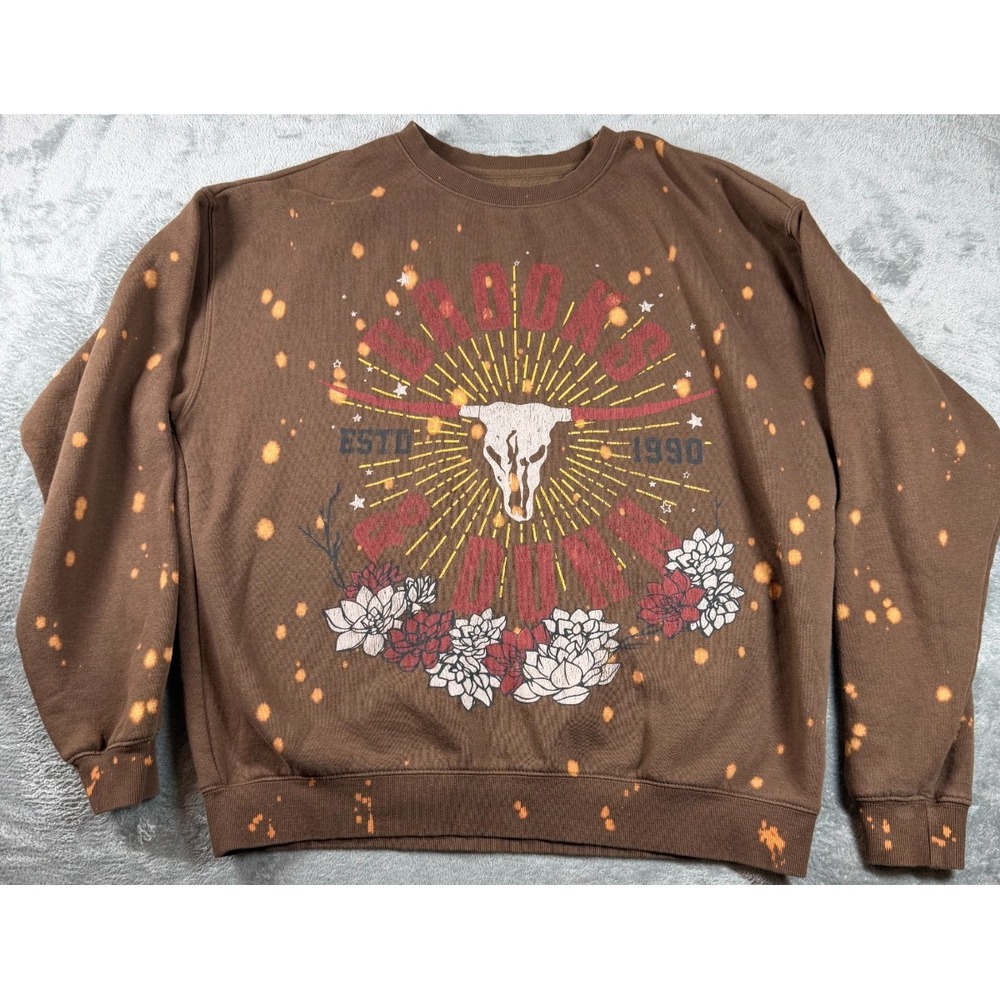 Brooks & Dunn Western Bleach Dyed Crewneck Sweatshirt Brown L Cow Skull Floral G